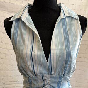 No Frills Los Angeles Blue Stripe Wrap Crop Top | Size L | Deep V | Tie Back | Y